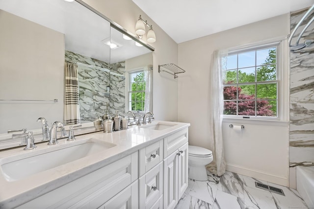 260 Range Rd, Fairfield, CT 06890 - bathroom featuring curtained shower, toilet, marble look tile flooring, and double vanity