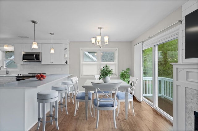 dining room with a chandelier, wood finished floors, and baseboards