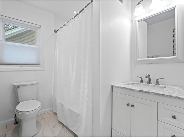 full bath featuring marble finish floors, toilet, vanity, and baseboards