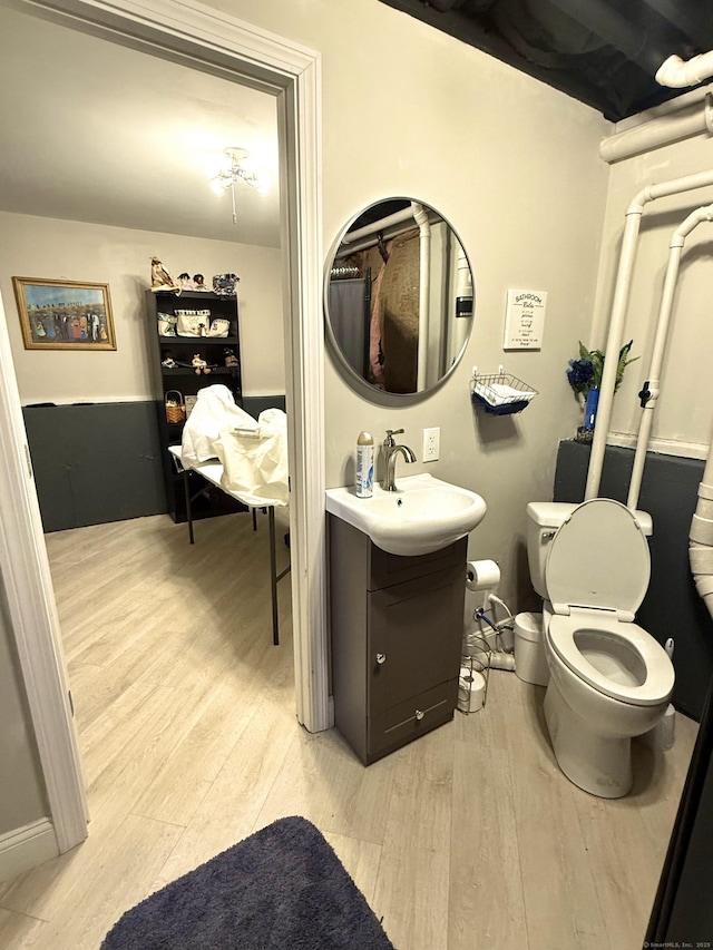 bathroom featuring toilet, wood finished floors, and vanity
