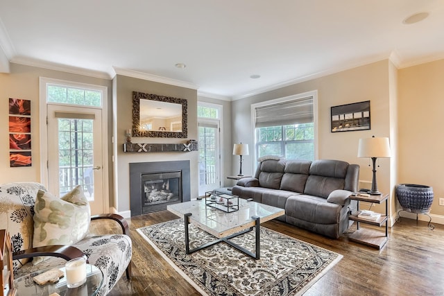 living area with ornamental molding, wood finished floors, a glass covered fireplace, and baseboards