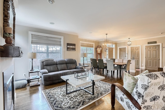 living area featuring a chandelier, dark wood-type flooring, and ornamental molding