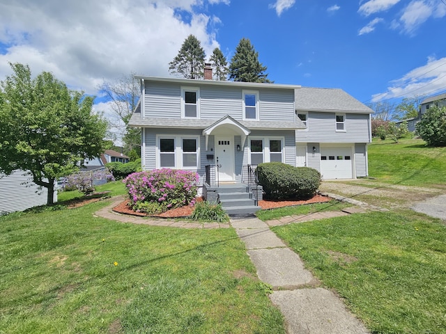 1 Arlington Hts, Norwich, CT 06360 - view of front facade featuring an attached garage, dirt driveway, a chimney, and a front lawn