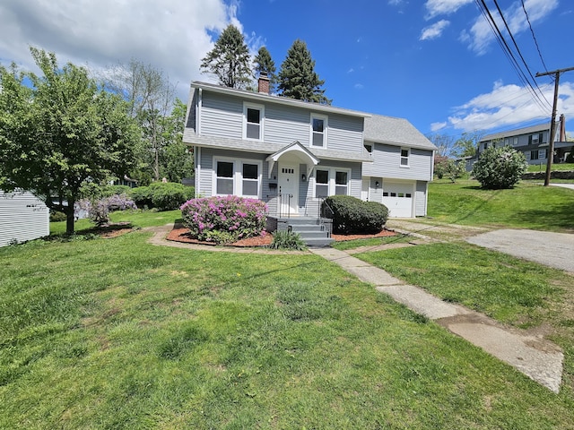 1 Arlington Hts, Norwich, CT 06360 - view of front of house featuring driveway, a chimney, a garage, and a front yard