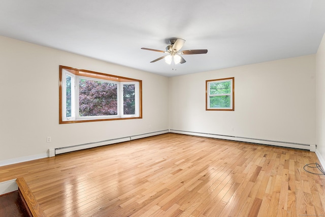 unfurnished room featuring a baseboard radiator, a baseboard heating unit, light wood-style flooring, a ceiling fan, and baseboards