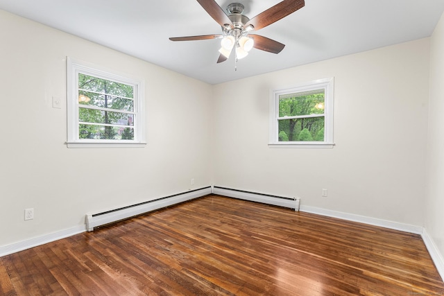 spare room featuring plenty of natural light, a baseboard heating unit, and baseboards