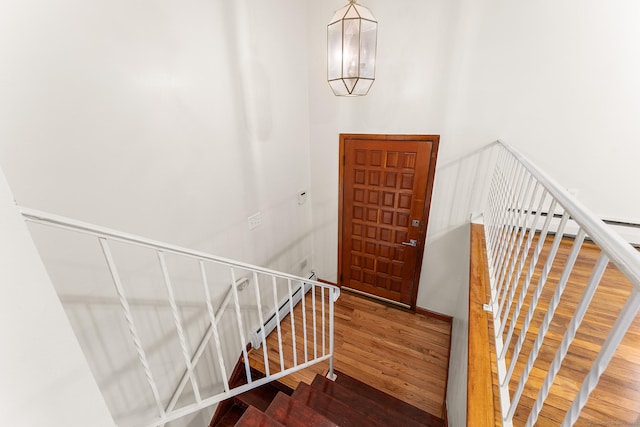 staircase featuring wood finished floors and baseboard heating