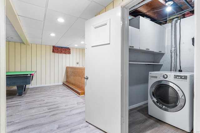 clothes washing area featuring washer / clothes dryer, wood finished floors, cabinet space, billiards table, and recessed lighting