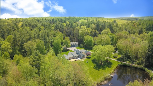 view of subject property with a heavily wooded area and a nearby body of water