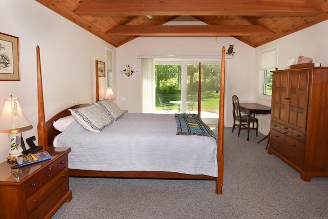 carpeted bedroom featuring wooden ceiling