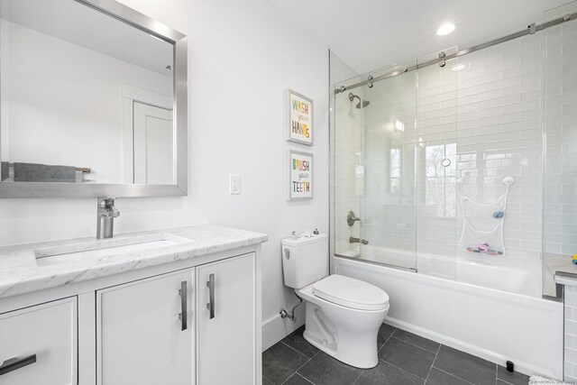 100 Georgetown Rd, Weston, CT 06883 - bathroom with tile patterned floors, vanity, toilet, combined bath / shower with glass door, and recessed lighting