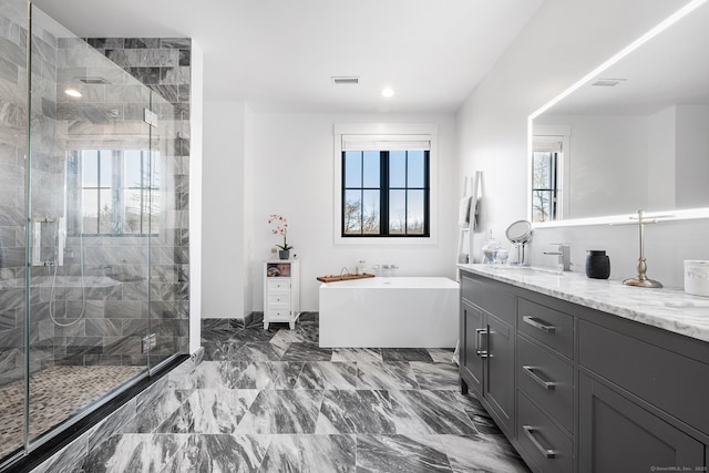 100 Georgetown Rd, Weston, CT 06883 - bathroom with a shower stall, vanity, a freestanding bath, and recessed lighting