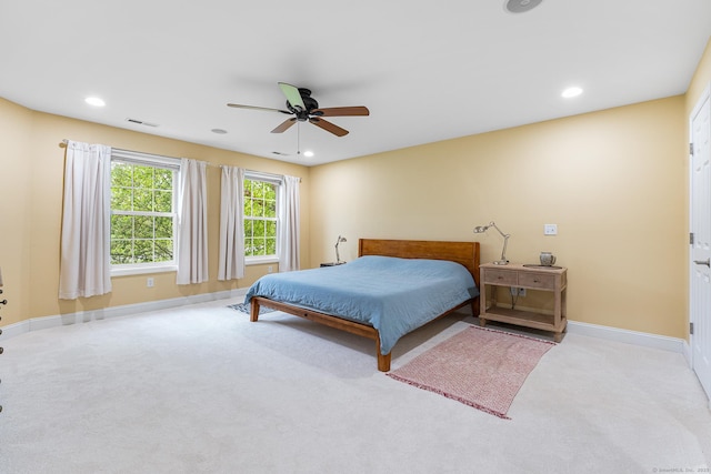 bedroom with carpet floors, baseboards, recessed lighting, and ceiling fan