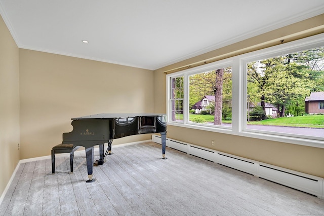 sitting room with crown molding, a baseboard heating unit, baseboards, wood finished floors, and recessed lighting