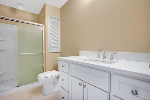 full bath with a stall shower, toilet, and vanity