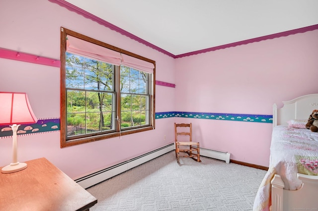 carpeted bedroom featuring a baseboard radiator, multiple windows, crown molding, and baseboards
