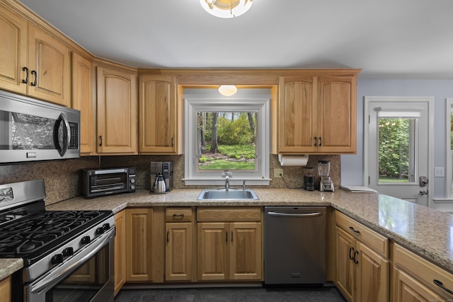 kitchen with appliances with stainless steel finishes, a sink, plenty of natural light, and backsplash