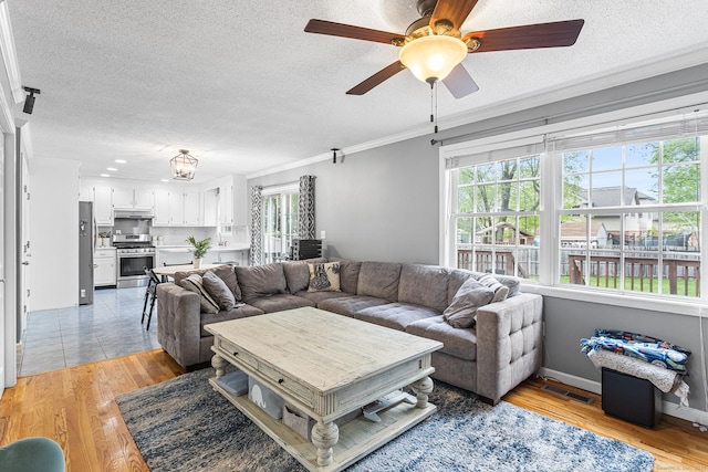 living room with crown molding, a textured ceiling, ceiling fan, and light wood-style floors