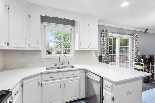 kitchen with a sink, stainless steel appliances, a peninsula, plenty of natural light, and a textured ceiling