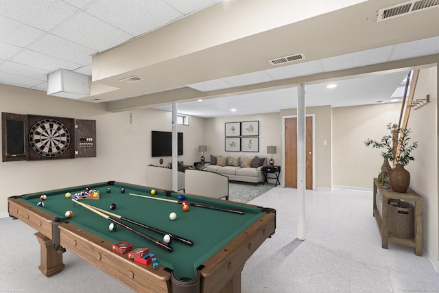 recreation room featuring baseboards, billiards, a paneled ceiling, and recessed lighting