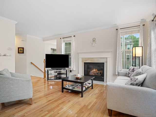 living room with ornamental molding, light wood finished floors, and a premium fireplace
