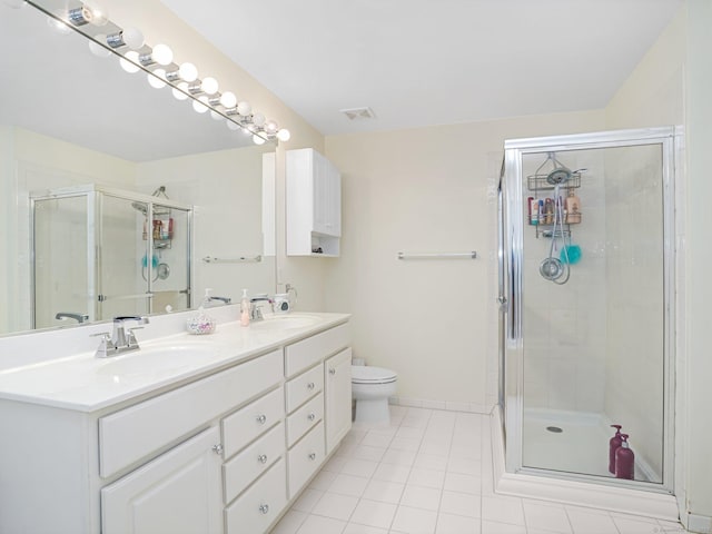 full bathroom with a shower stall, tile patterned floors, double vanity, and toilet