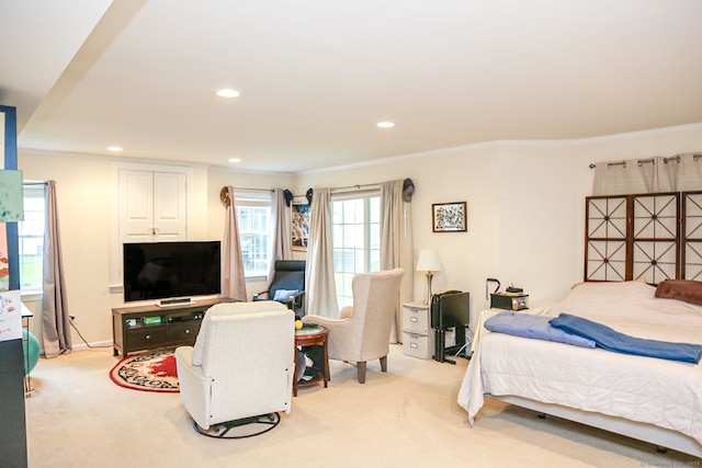 bedroom with carpet floors, recessed lighting, and ornamental molding
