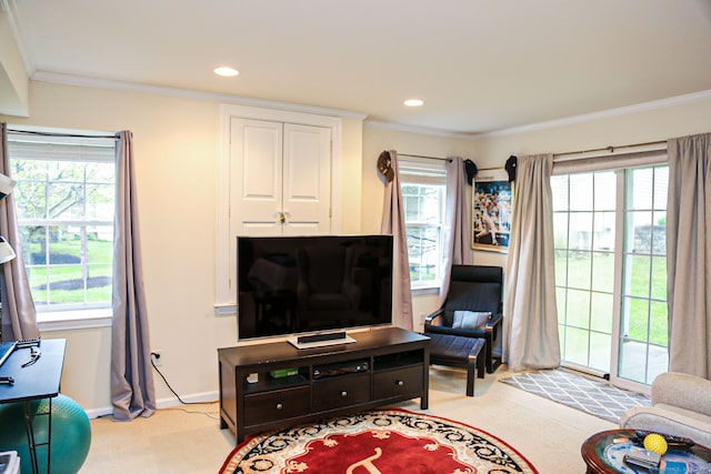 living area with carpet, ornamental molding, baseboards, healthy amount of natural light, and recessed lighting