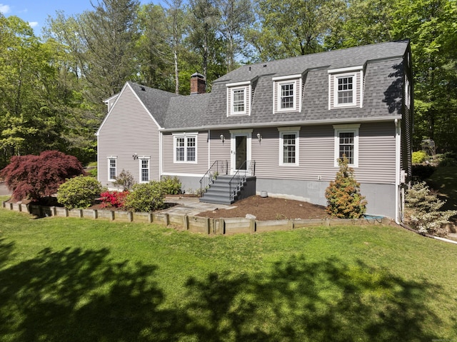 37 Hungry Hill Cir, Guilford, CT 06437 - view of front of home featuring a shingled roof, a front lawn, and a chimney