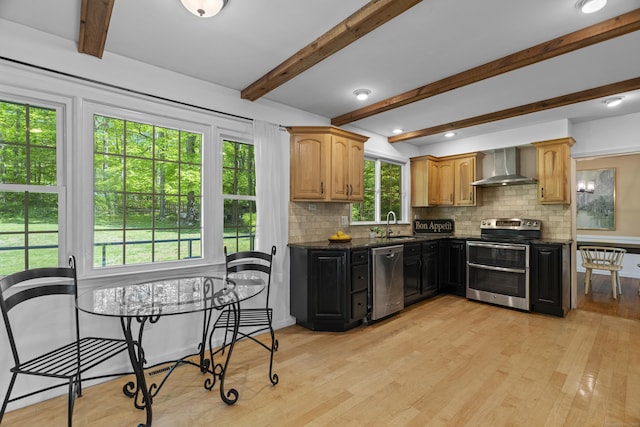 37 Hungry Hill Cir, Guilford, CT 06437 - kitchen featuring stainless steel appliances, wall chimney exhaust hood, decorative backsplash, light wood finished floors, and beamed ceiling