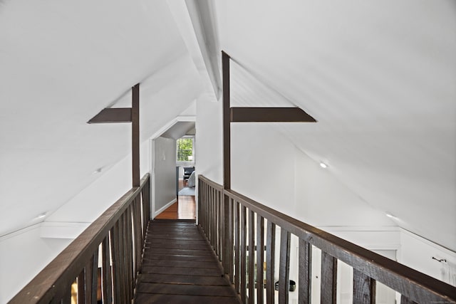 37 Hungry Hill Cir, Guilford, CT 06437 - hall with dark wood-type flooring, vaulted ceiling, and an upstairs landing