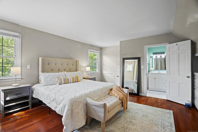 37 Hungry Hill Cir, Guilford, CT 06437 - bedroom with hardwood / wood-style flooring, vaulted ceiling, ensuite bath, and a sink