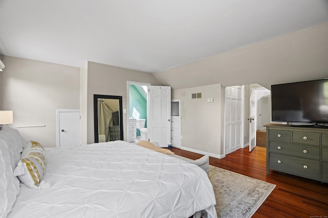 37 Hungry Hill Cir, Guilford, CT 06437 - bedroom featuring dark wood finished floors, vaulted ceiling, and baseboards