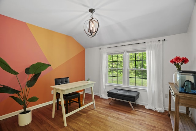 37 Hungry Hill Cir, Guilford, CT 06437 - office space with vaulted ceiling, wood finished floors, a chandelier, and baseboards