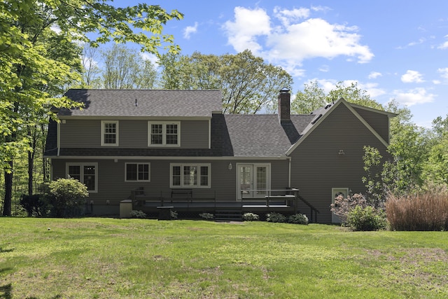 37 Hungry Hill Cir, Guilford, CT 06437 - back of house featuring a chimney, a lawn, a deck, and roof with shingles