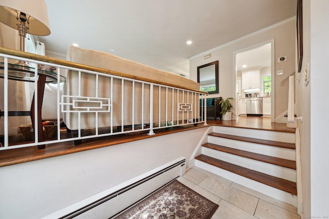 14 Live Oak Rd, Norwalk, CT 06851 - stairs featuring ornamental molding, tile patterned floors, baseboard heating, and recessed lighting