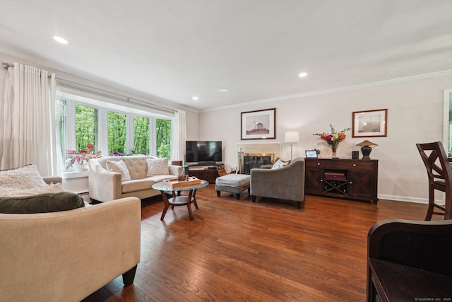 14 Live Oak Rd, Norwalk, CT 06851 - living area featuring crown molding, dark wood-style flooring, recessed lighting, and baseboards