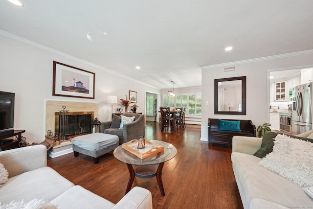 14 Live Oak Rd, Norwalk, CT 06851 - living room with dark wood-style flooring, recessed lighting, crown molding, a fireplace with raised hearth, and baseboards