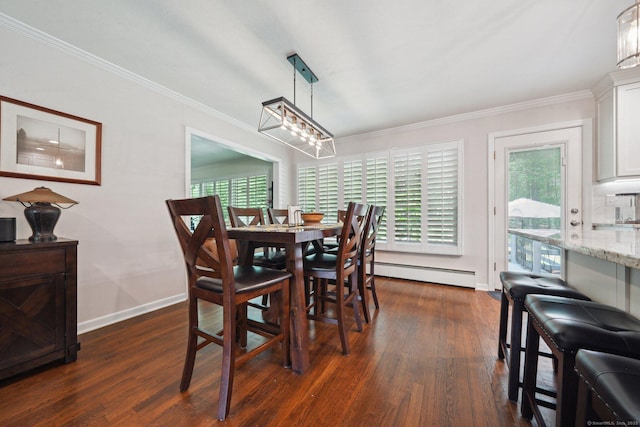 14 Live Oak Rd, Norwalk, CT 06851 - dining room featuring a baseboard radiator, dark wood finished floors, baseboards, crown molding, and plenty of natural light
