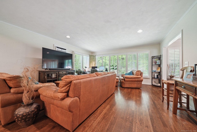 14 Live Oak Rd, Norwalk, CT 06851 - living area featuring dark wood-type flooring, ornamental molding, recessed lighting, and baseboards