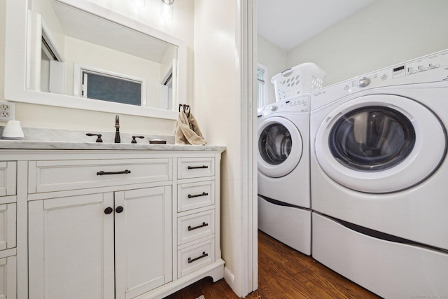 14 Live Oak Rd, Norwalk, CT 06851 - washroom featuring washer and dryer, dark wood finished floors, and a sink