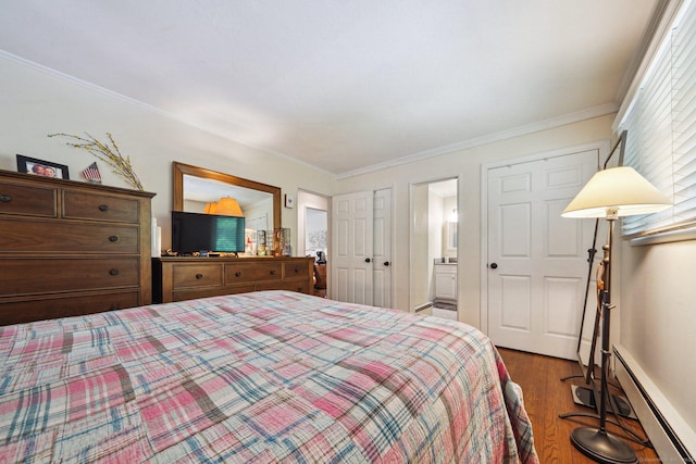 14 Live Oak Rd, Norwalk, CT 06851 - bedroom with baseboard heating, wood finished floors, crown molding, and ensuite bathroom