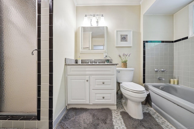 14 Live Oak Rd, Norwalk, CT 06851 - bathroom featuring toilet, a tub, vanity, ornamental molding, and a shower