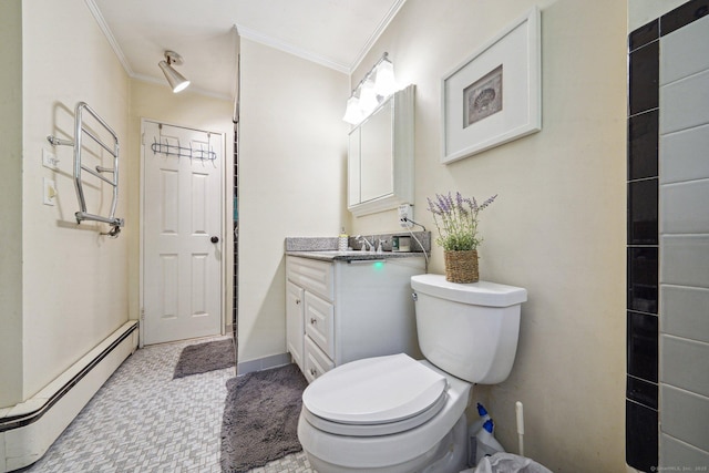 14 Live Oak Rd, Norwalk, CT 06851 - bathroom featuring a baseboard heating unit, crown molding, vanity, toilet, and tile patterned floors
