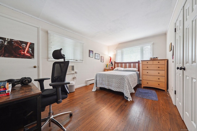 14 Live Oak Rd, Norwalk, CT 06851 - bedroom featuring a baseboard radiator, an office area, hardwood / wood-style floors, ornamental molding, and baseboards