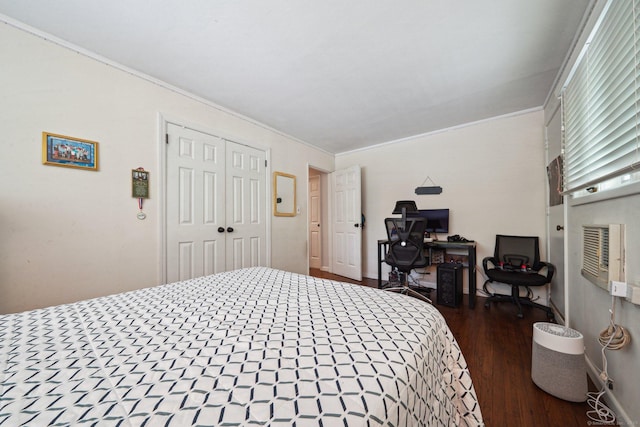 14 Live Oak Rd, Norwalk, CT 06851 - bedroom with ornamental molding, dark wood-style floors, a closet, and a desk