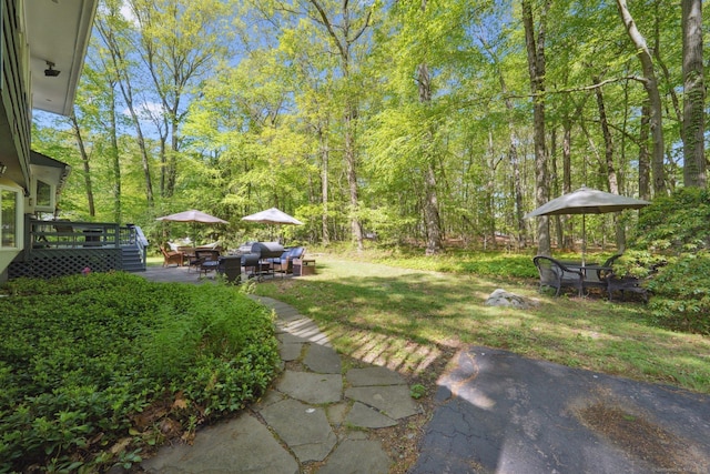 14 Live Oak Rd, Norwalk, CT 06851 - view of green lawn featuring a patio, a wooden deck, and a wooded view