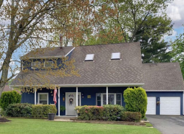 view of front facade with a front lawn, roof with shingles, driveway, and a garage