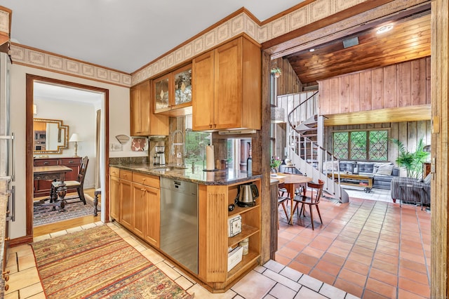 kitchen featuring dishwasher, a sink, dark stone counters, glass insert cabinets, and open shelves