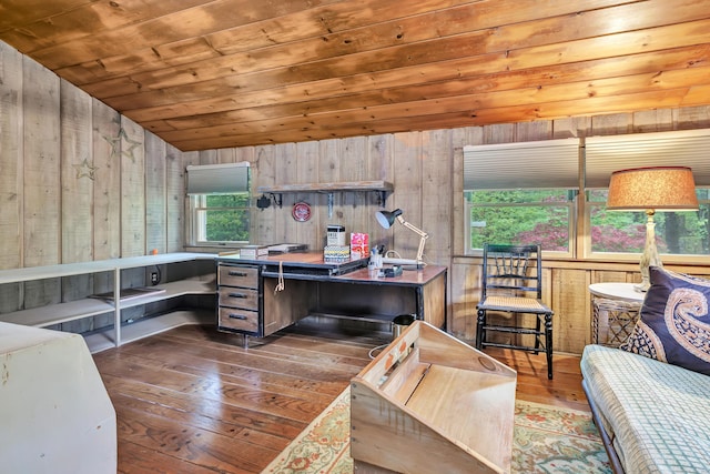 office featuring wooden ceiling, hardwood / wood-style flooring, wood walls, and vaulted ceiling